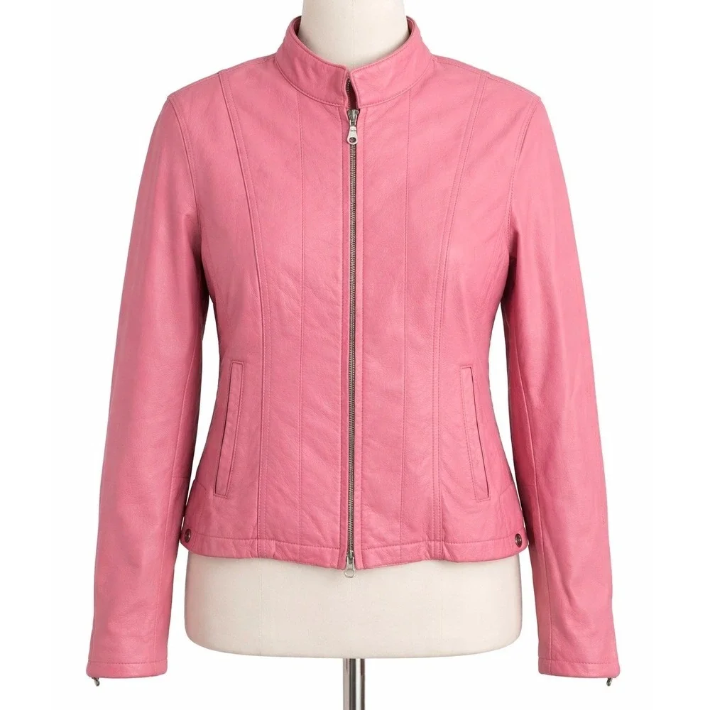 Vintage Wilsons Maxima MEDIUM Pink Leather Moto Jacket Biker Girly Coquette M - Picture 1 of 11